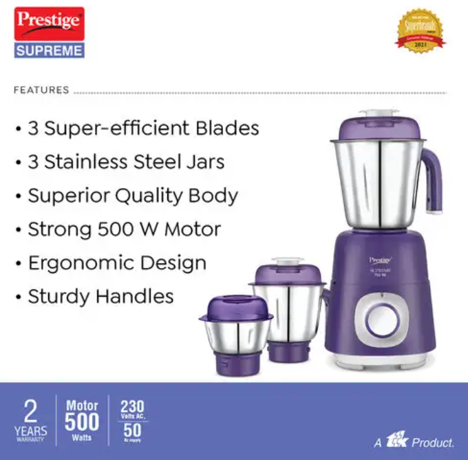 Prestige Supreme 750W Mixer Grinder With 3 Jars(Violet)